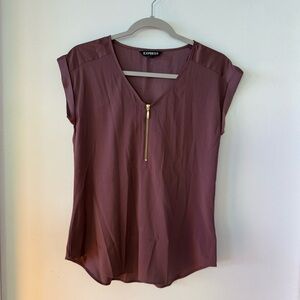 Express Mauve Satin Zip Front Blouse XS | Cap Sleeve Silky Top